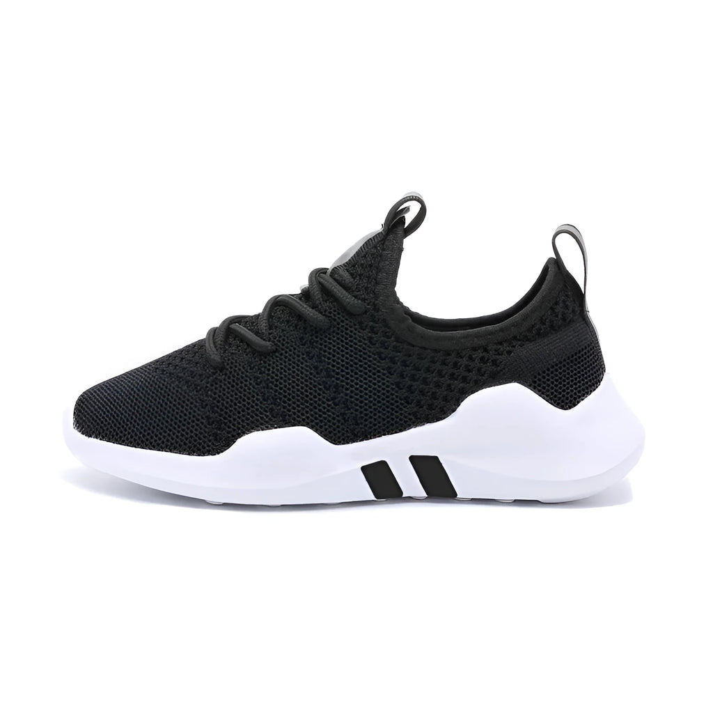 Breathable fly woven children's sports shoe in black with mesh upper and MD sole, side view