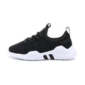 Breathable fly woven children's sports shoe in black with mesh upper and MD sole, side view