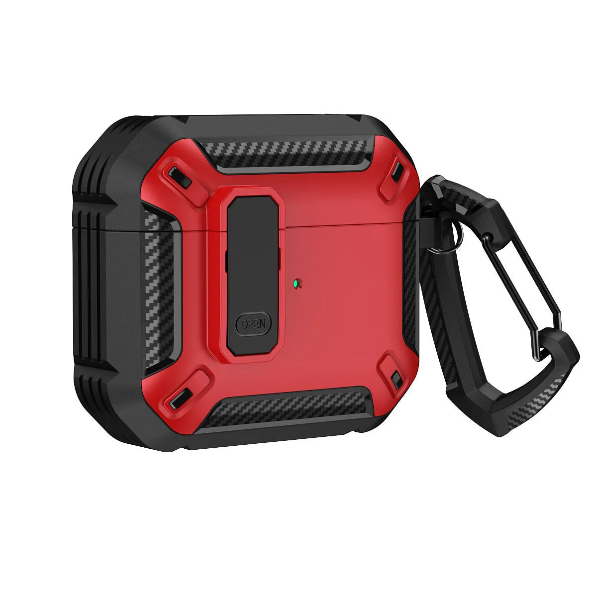 Two-tone plastic clamshell case for AirPods with carabiner hook attached