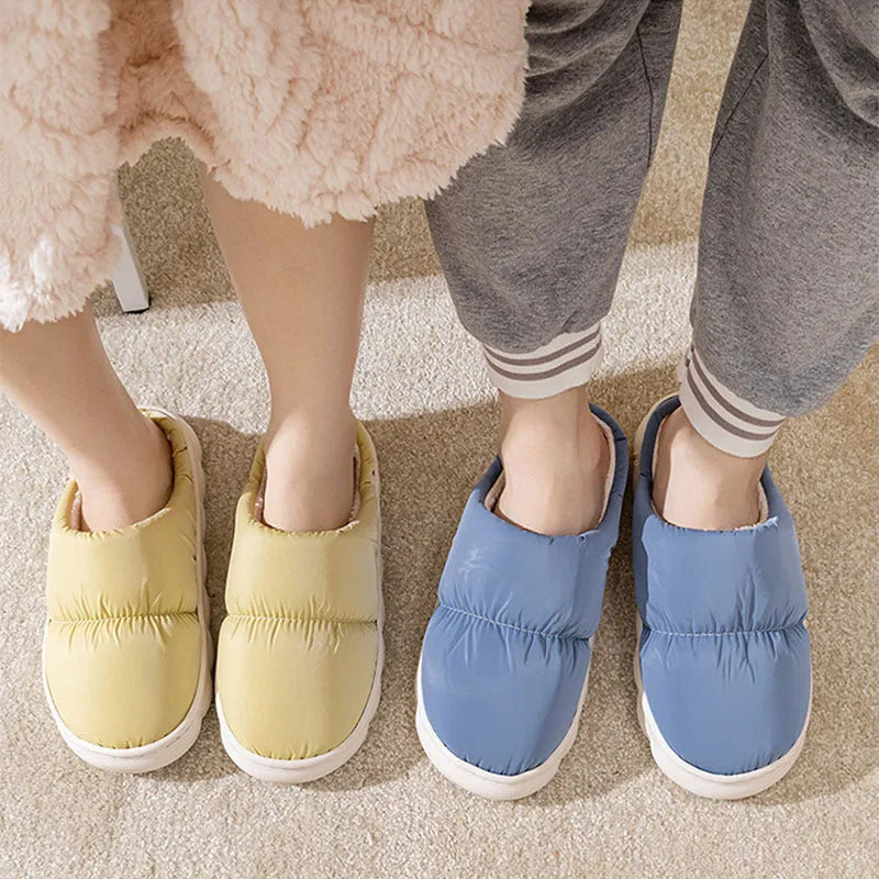 Pair of down cotton winter slippers with a thick rubber non-slip sole, shown in a choice of colours.