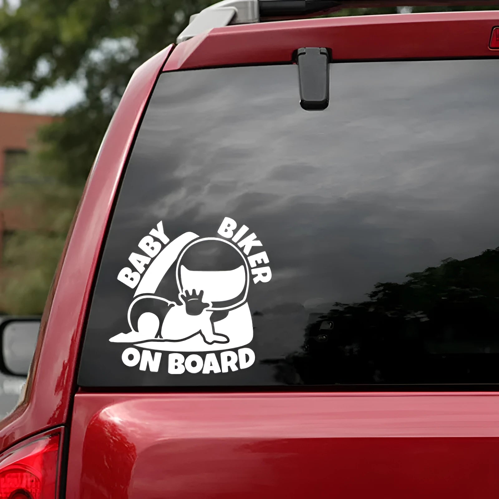 Reflective Baby on Board warning car sticker in black and white, measuring 14.5 by 15 centimetres.