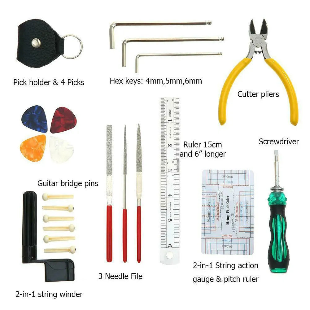 Black plastic and metal guitar repair tool kit for guitars, basses, mandolins, and banjos