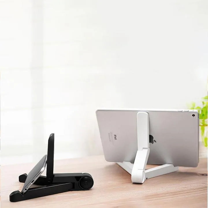 Black foldable tablet holder showing adjustable stand supporting smartphone in landscape orientation