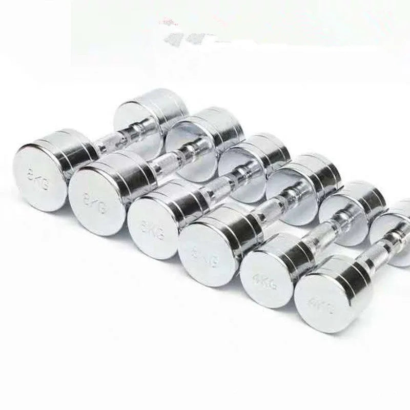 Silver pure steel dumbbell with ergonomic handle on a plain background