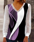 V-neck loose print hollow-out lace top for women, long sleeve pullover, purple colour, medium length 65cm