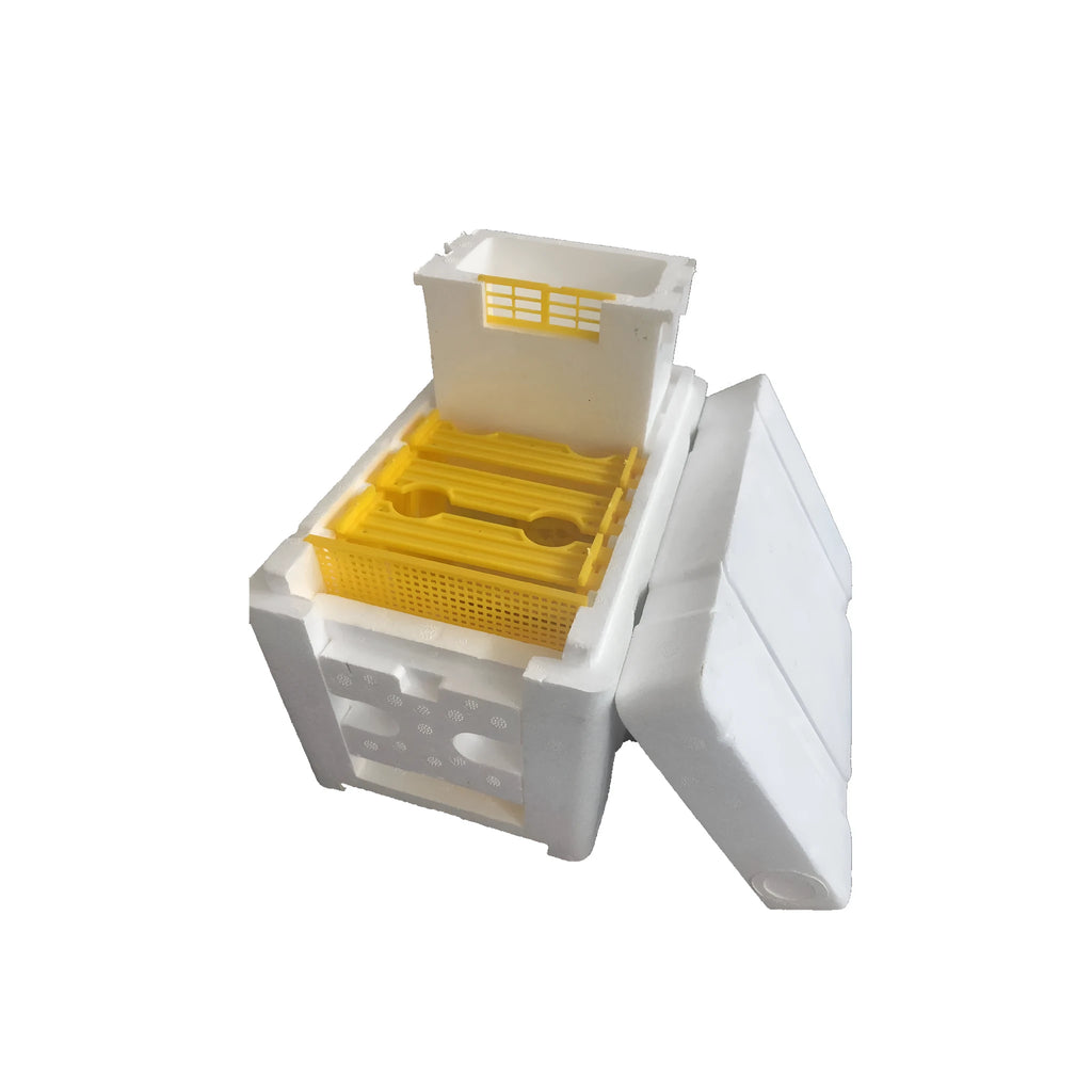 Three white EPS foam mini delivery boxes for beehive queen introduction and bee breeding.