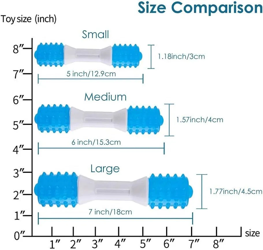 Dual-colour TPR rubber puppy teething chew toy in small, medium, and large sizes.