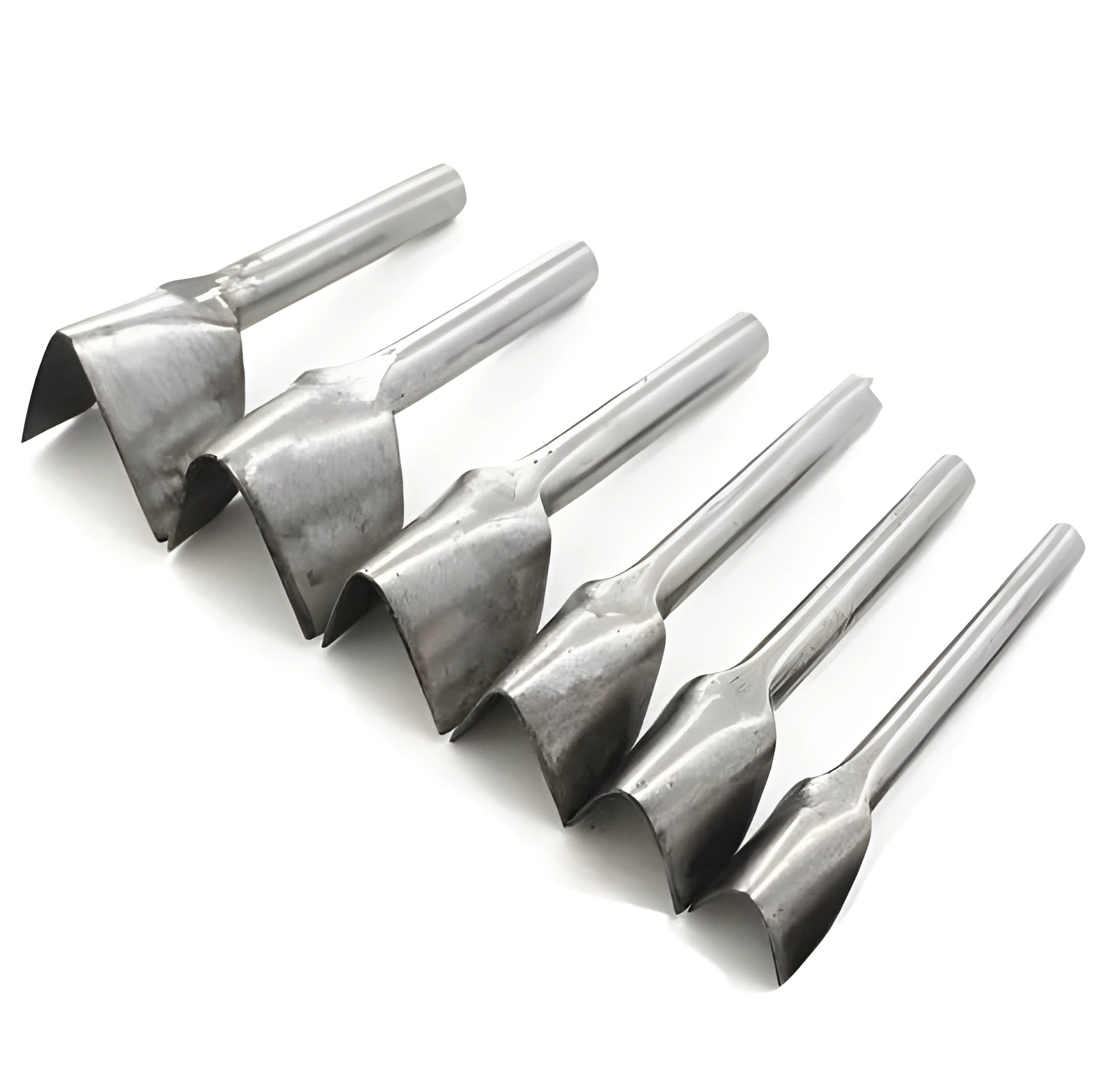 Six steel leather craft punch tools showing half-round and V-shaped ends in sizes from 15mm to 40mm.