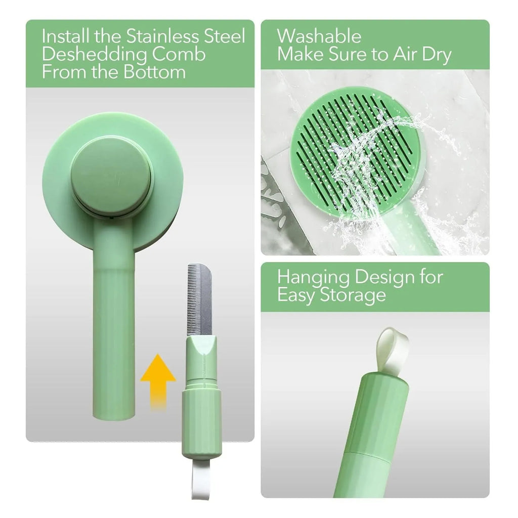 Green 2-in-1 pet grooming brush with stainless steel teeth and hanging loop for cats and dogs