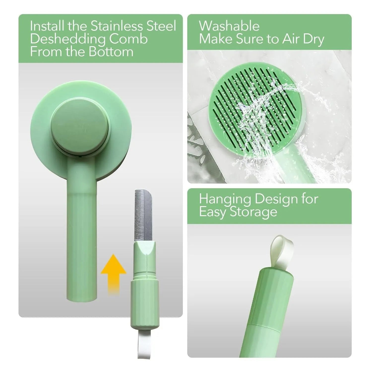 Green 2-in-1 pet grooming brush with stainless steel teeth and hanging loop for cats and dogs