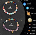 Set of twelve natural stone beaded bracelets for each zodiac sign on adjustable elastic cords.