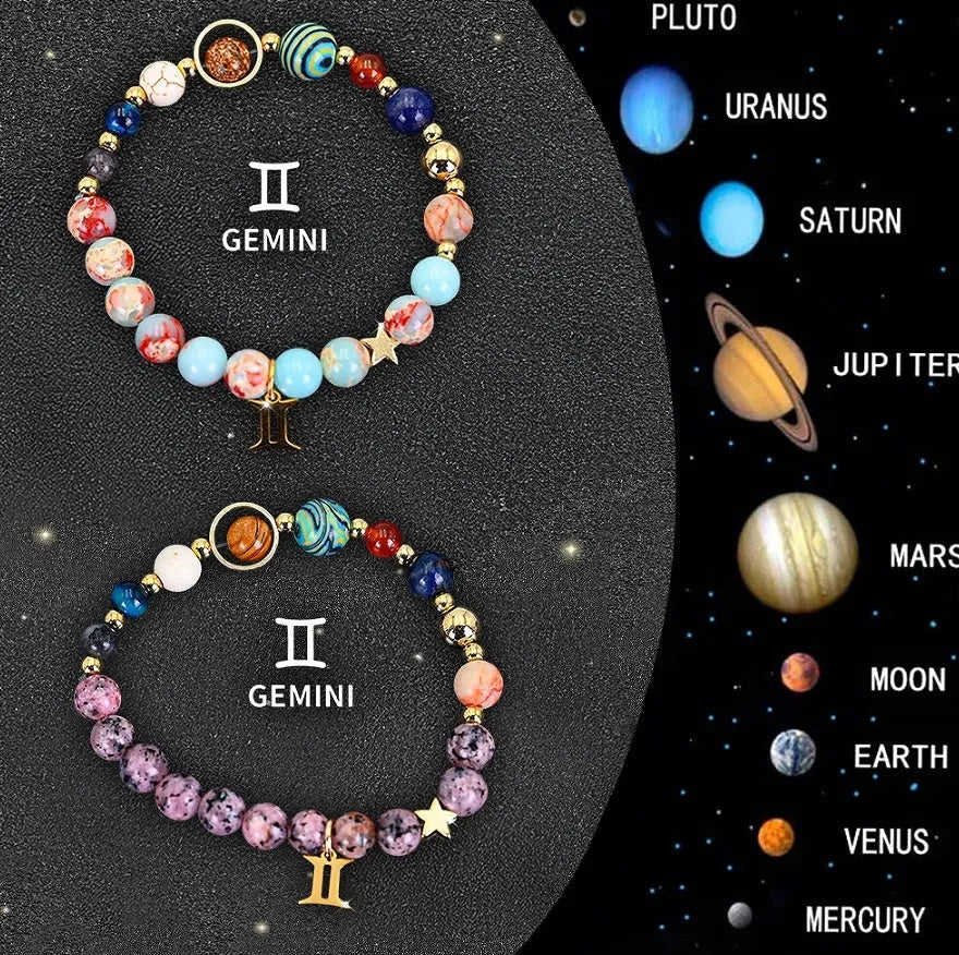 Set of twelve natural stone beaded bracelets for each zodiac sign on adjustable elastic cords.