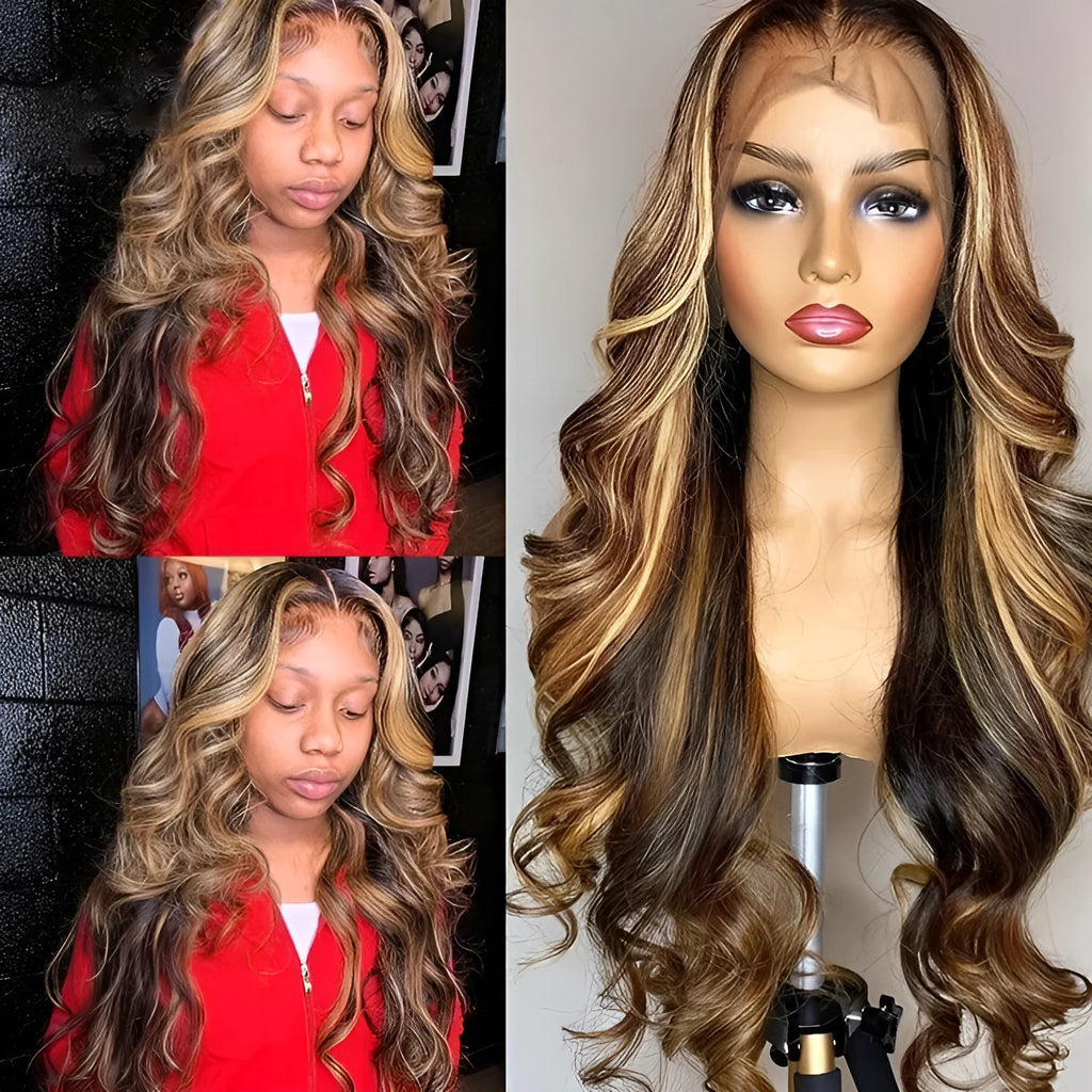 Front lace wig 134 with gradient colour long curly style and side bangs in black or piano colour