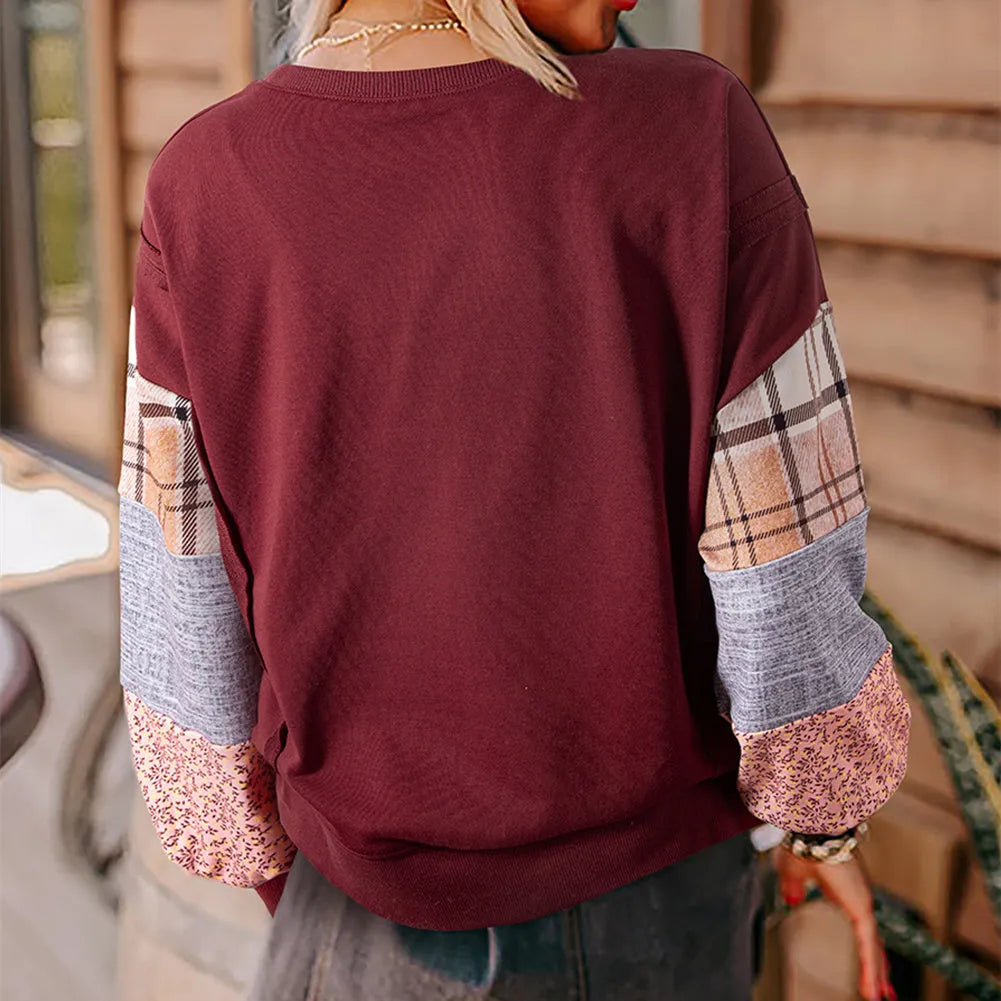Women's loose fit long sleeve top with plaid stripe pattern stitching in apricot colour