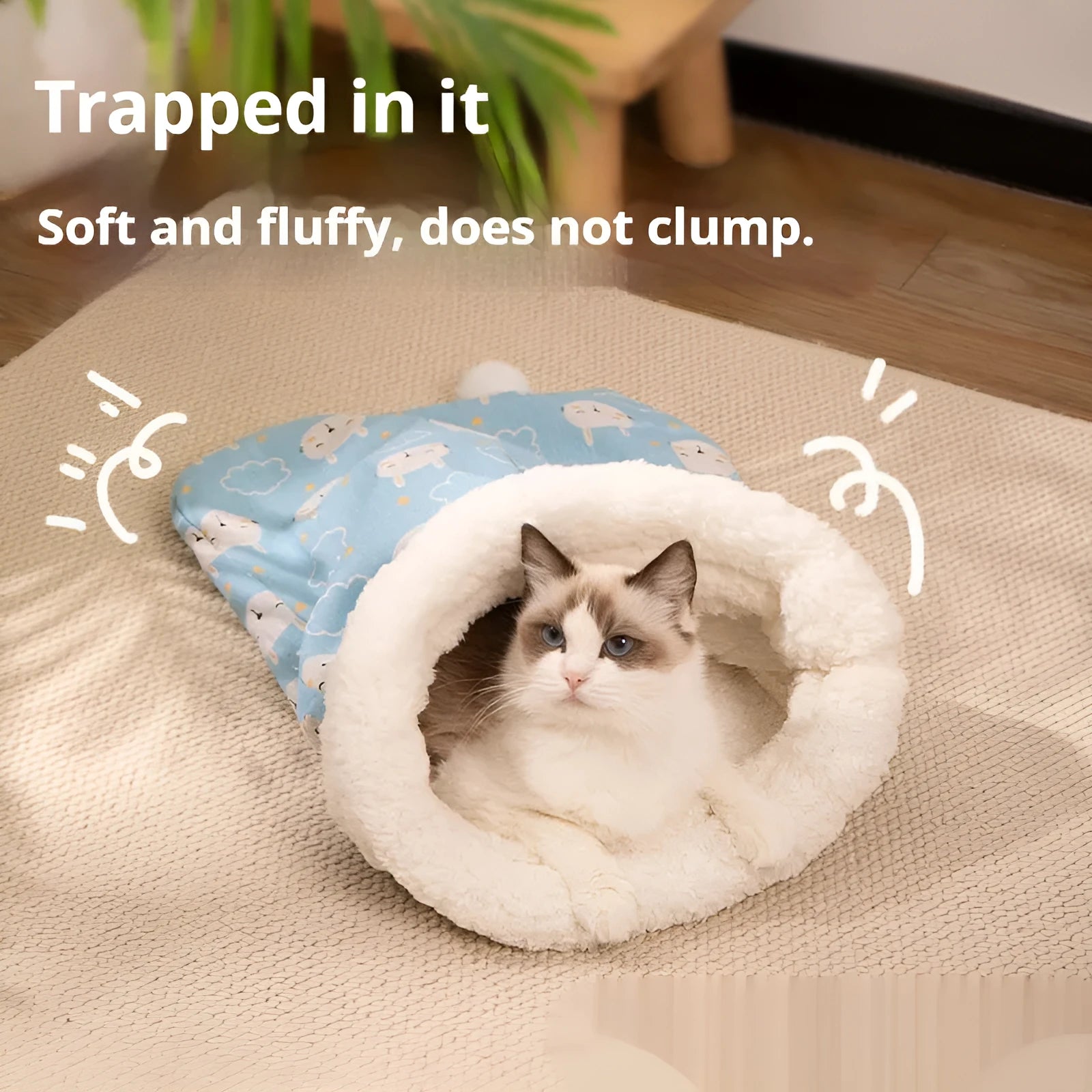 Blue flannel sleeping bag nest pet bed for cats measuring 50 by 40 cm