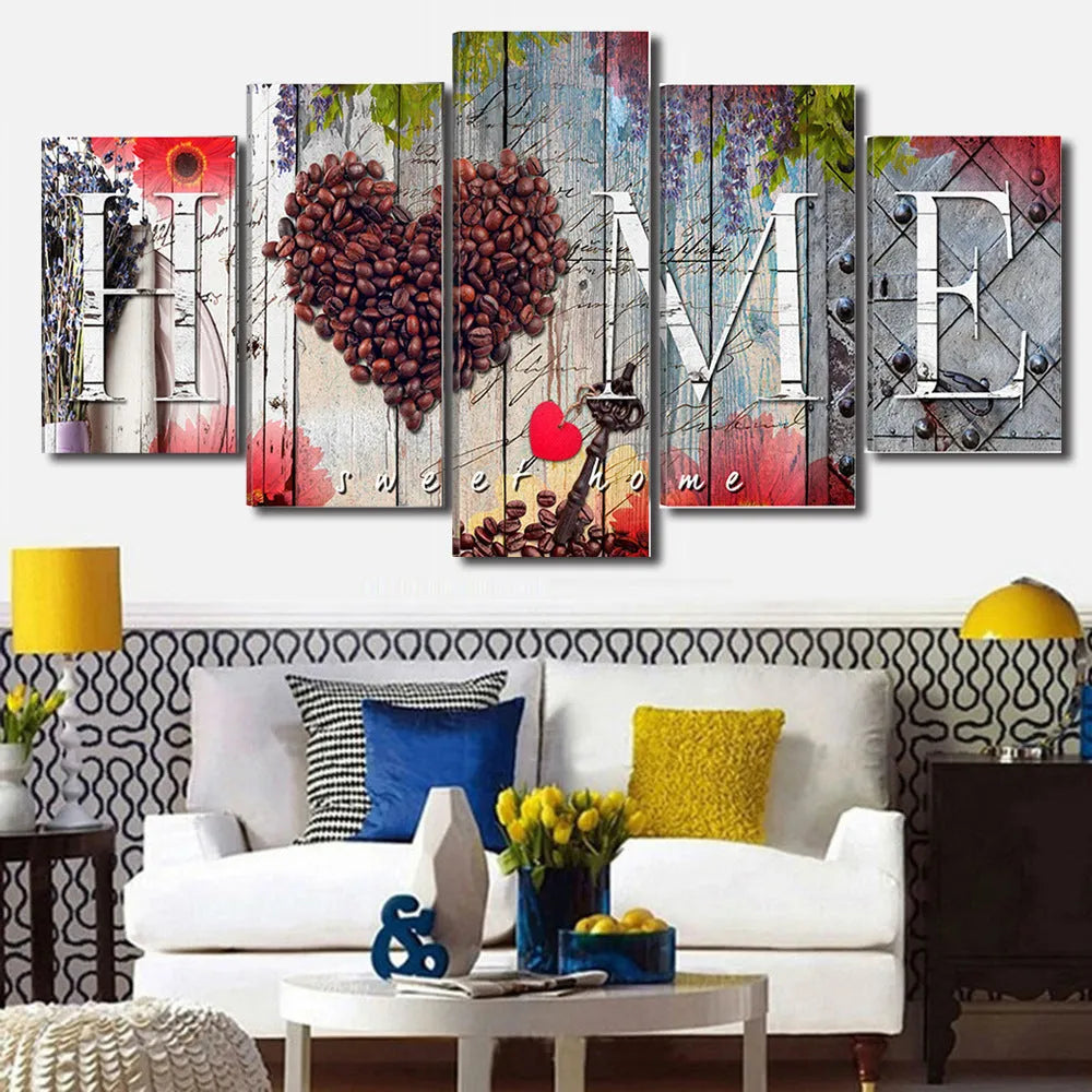 Red oil painting canvas wall art set with five pieces in varying sizes