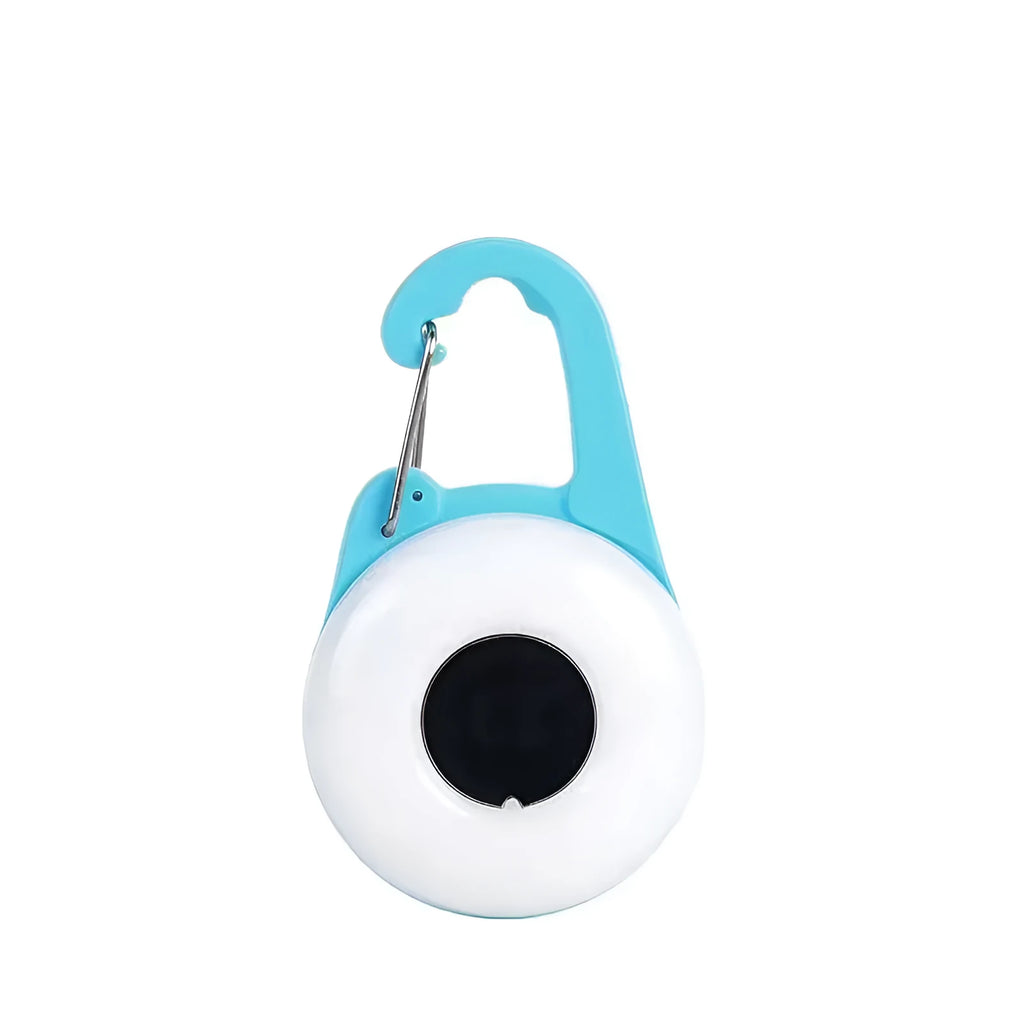 Blue USB-rechargeable dog collar light with adjustable silicone strap, shown on a pet collar.