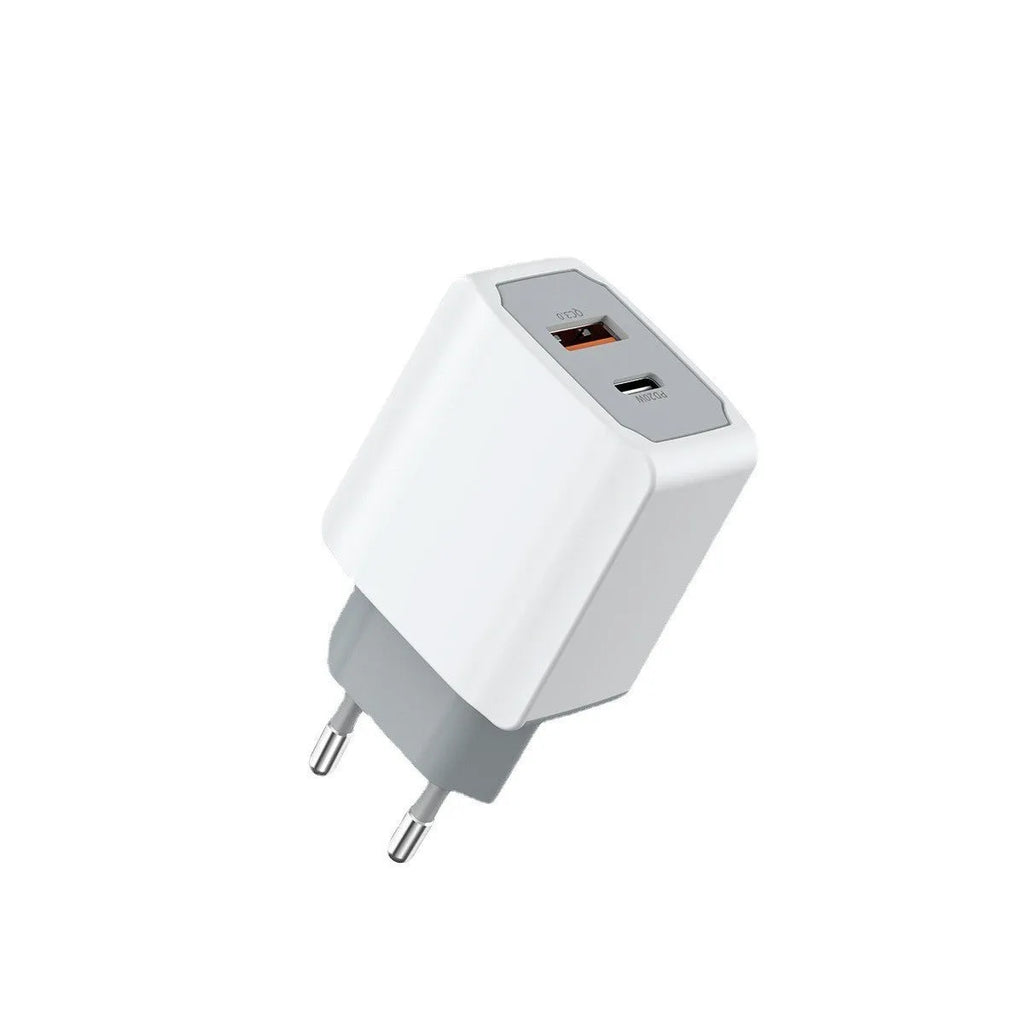White European fast charge charger set with compact 42mm adapter and USB cable