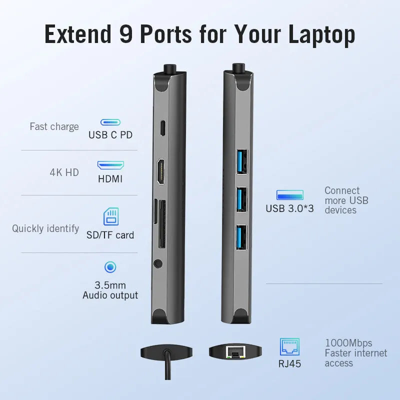 Deep grey Type-C hub with HDMI, USB, Ethernet, and memory card ports on a compact aluminium body.