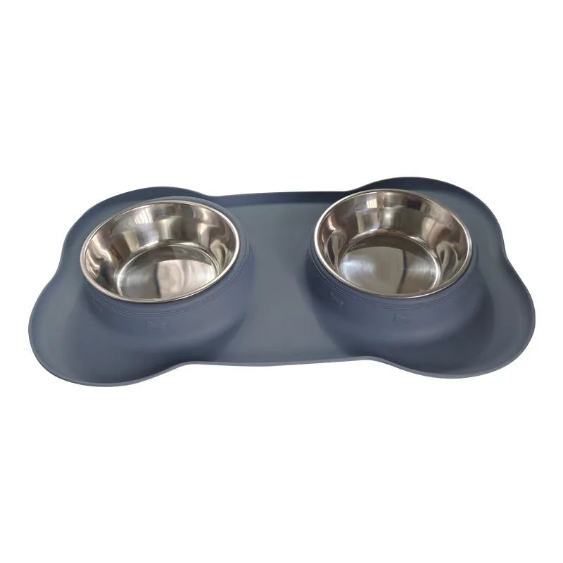 Large silicone dog bowl with stainless steel insert showing double compartment design for food and water separation