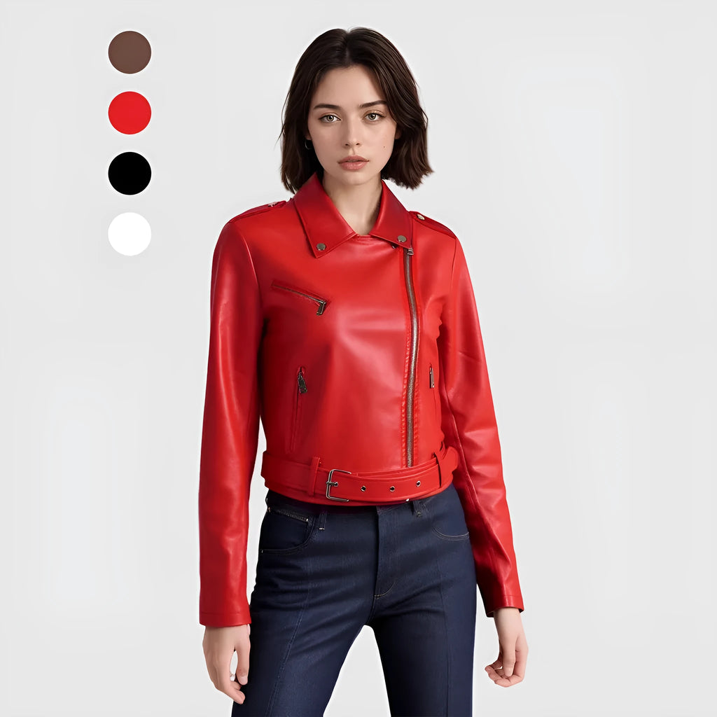Women's red PU leather jacket with lapel collar and belt detail