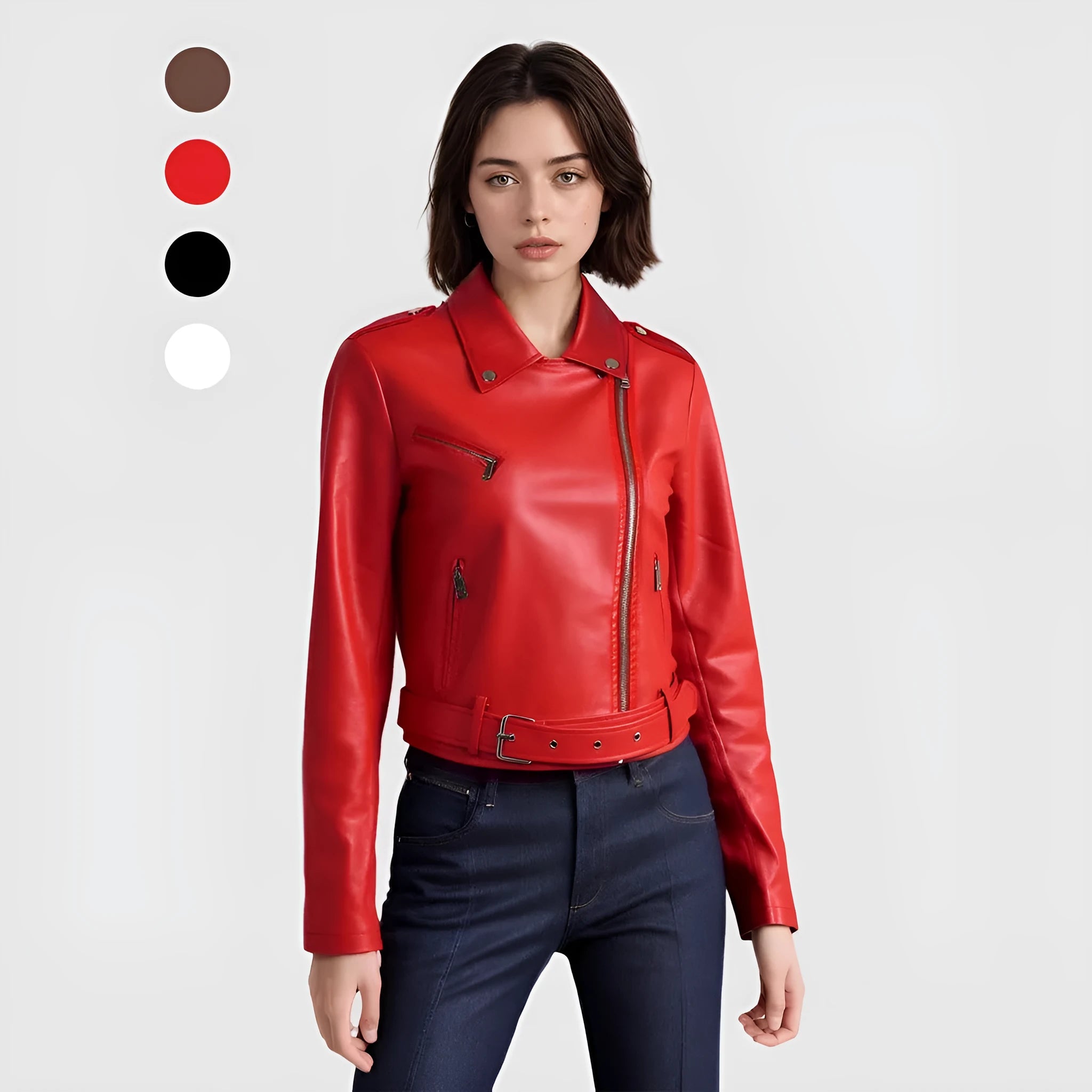 Women's red PU leather jacket with lapel collar and belt detail
