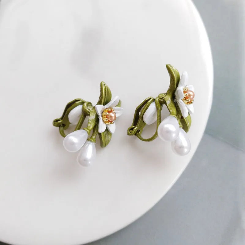 Alloy camellia flower earrings for women, contrast colour, sterling silver needle, stud and clip pairs