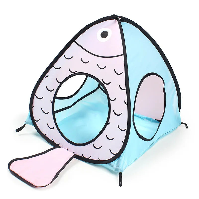 Foldable cat tent and tunnel toy set with colourful cat fish pattern design