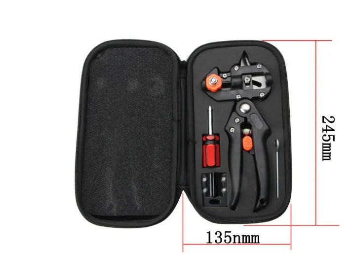 Handheld grafting scissors with black ABS handle and high carbon steel blade cutting a branch