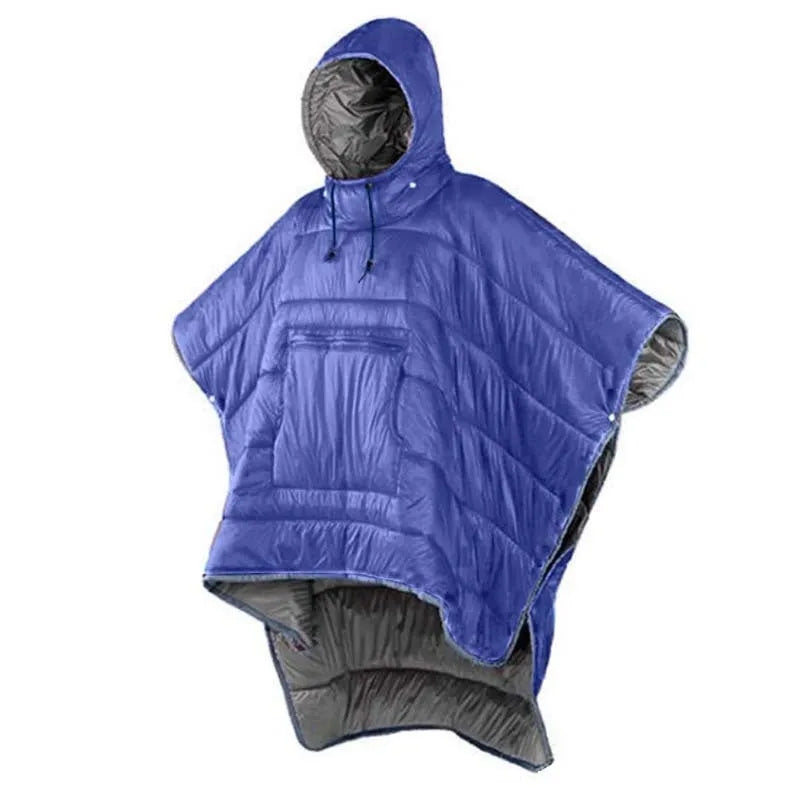 Army Green wearable cloak sleeping bag laid flat showing 200x140cm size and cape hood.