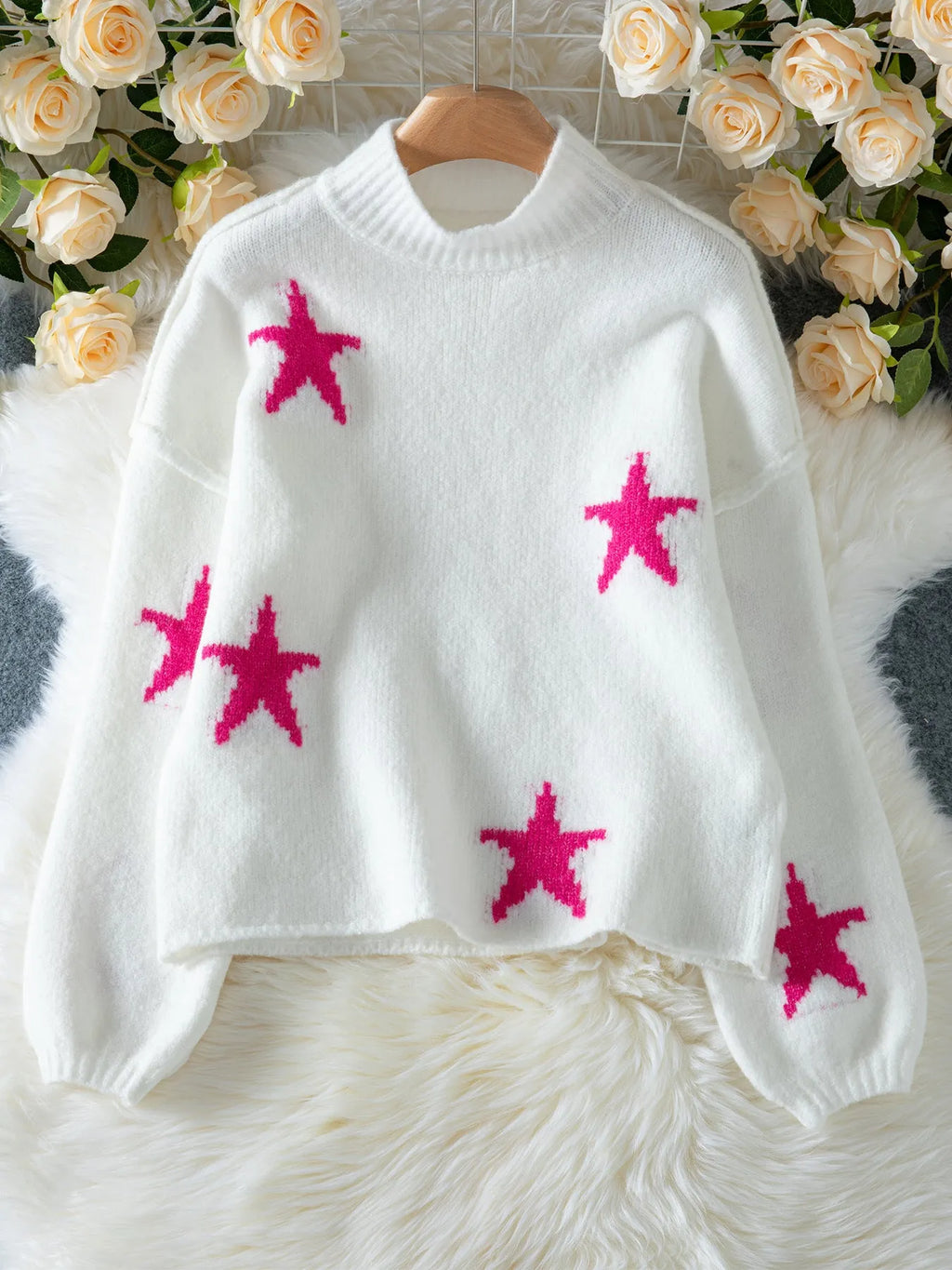 White women's turtleneck pullover sweater with star pattern in thick polyester imitation velvet fabric