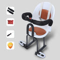 Front-mounted child safety seat for battery scooter in black, showing high carbon steel frame.