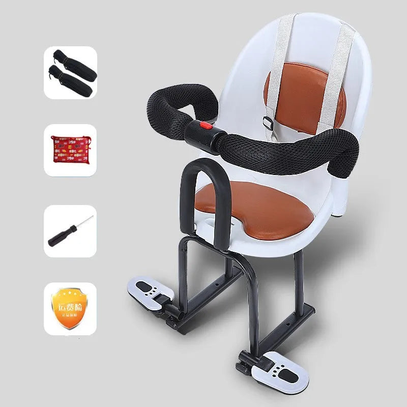 Front-mounted child safety seat for battery scooter in black, showing high carbon steel frame.