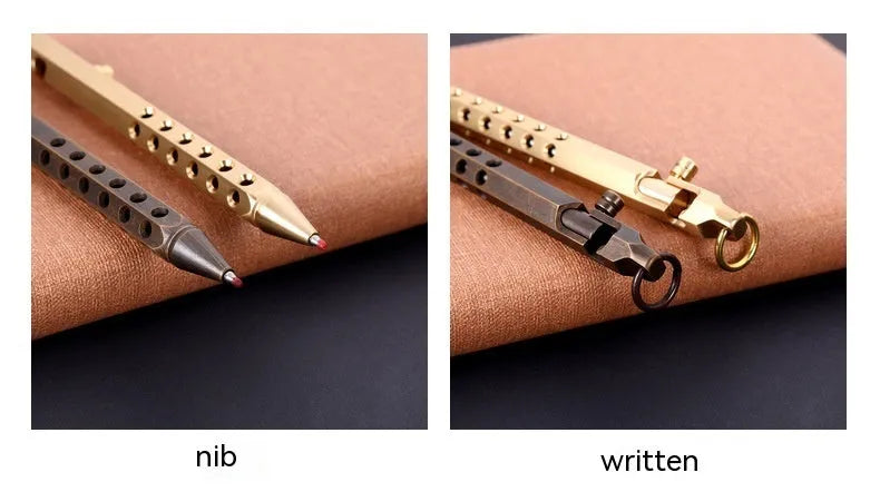 Hexagonal brass bolt action pen showing six-sided barrel and bolt mechanism