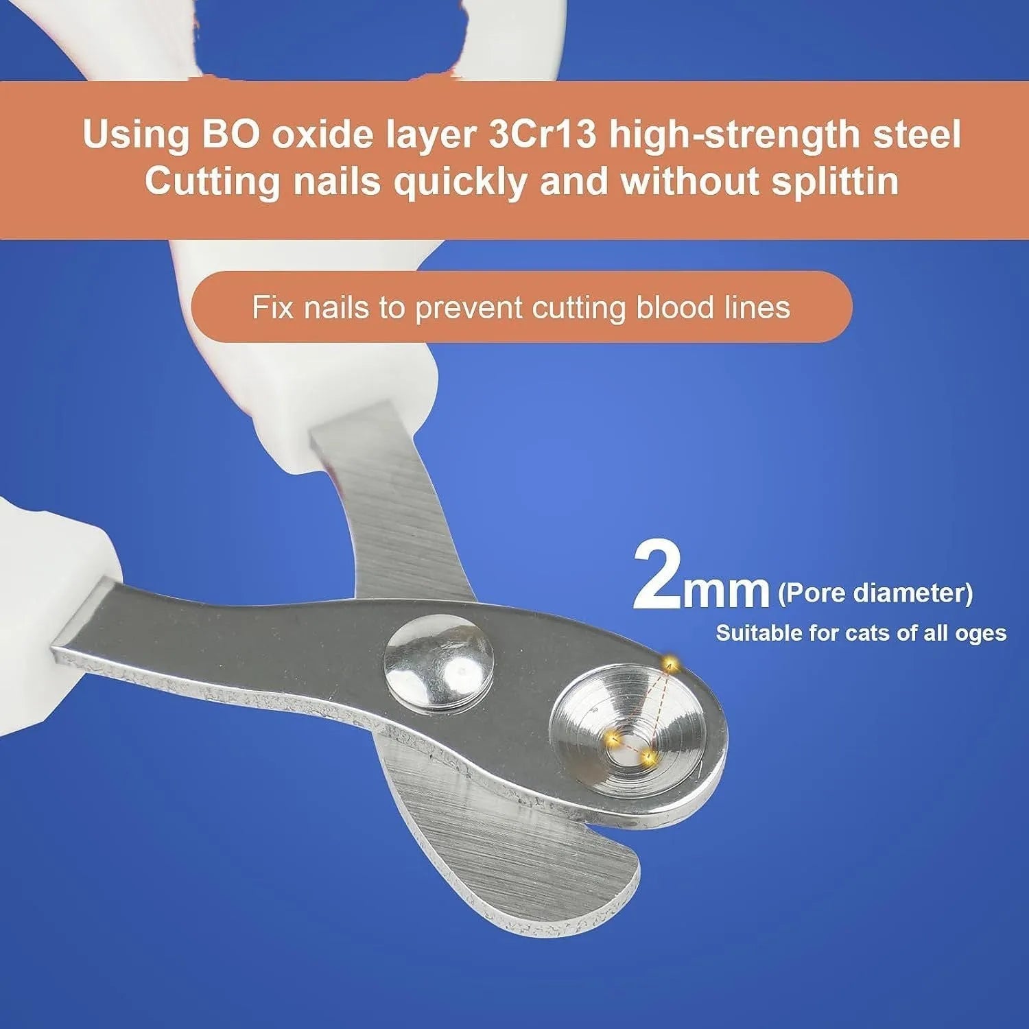 Blue pet nail clippers with circular hole design and cushioned non-slip handle on a white background.