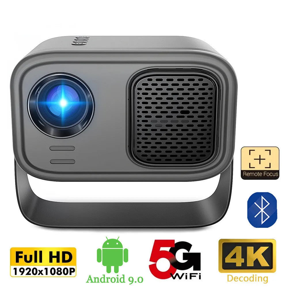Black portable HD projector with Android system, remote control and multiple power cable adaptors