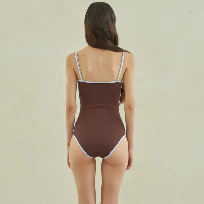 Brown women's one-piece triangle swimsuit made from nylon fabric