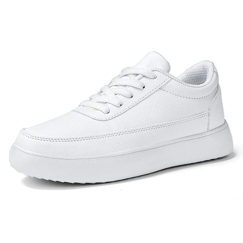 Women's white leather lace-up casual flat shoes on a solid background