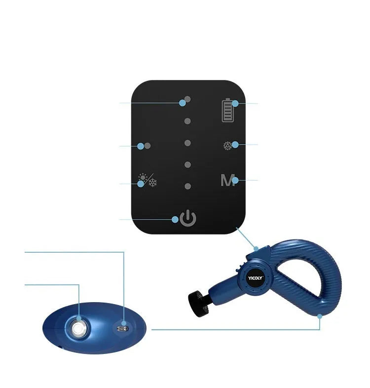 Black smart muscle massage gun with heat and cold therapy settings and five attachable heads