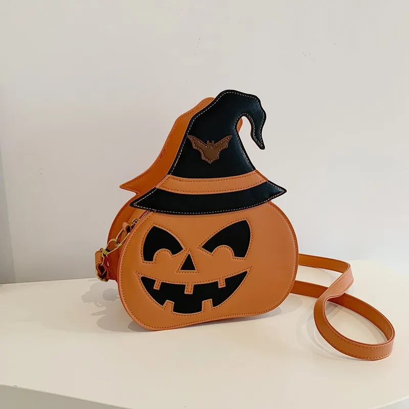 Orange pumpkin-shaped PU shoulder messenger bag for women with single strap