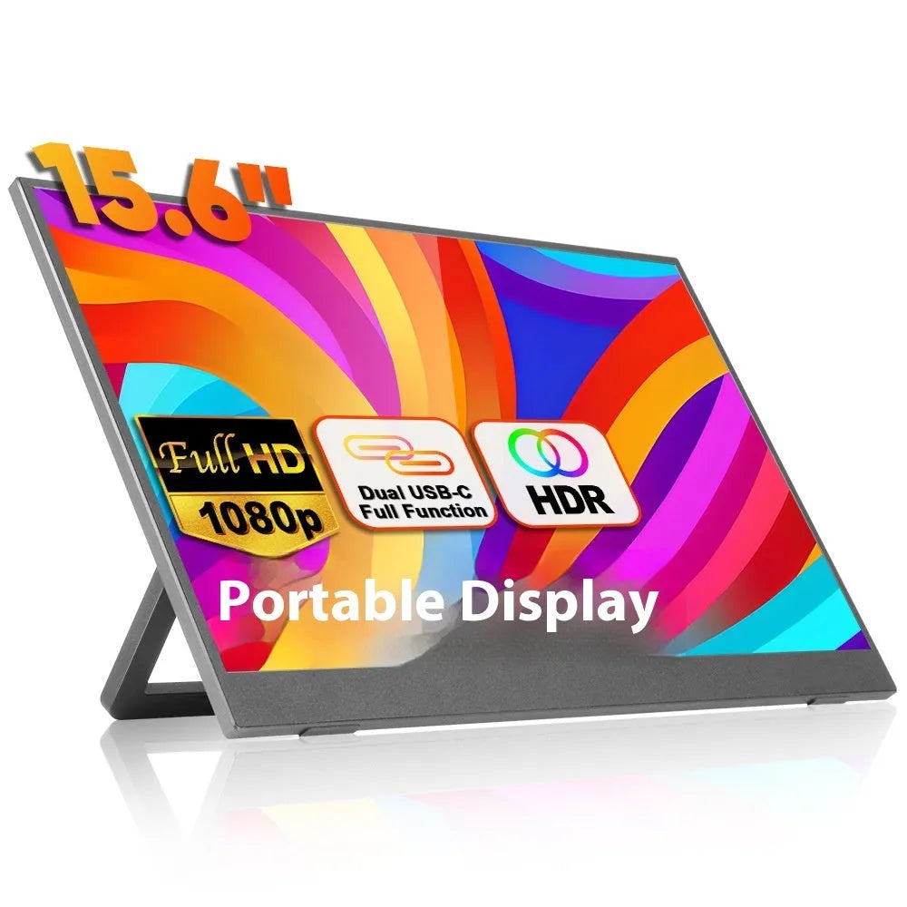 Black 15.6-inch portable LED monitor with adjustable stand on a desk next to a laptop.