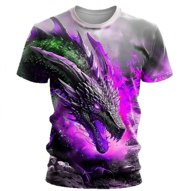 Men's grey T-shirt with a large blue and white 3D wind dragon print across the chest.