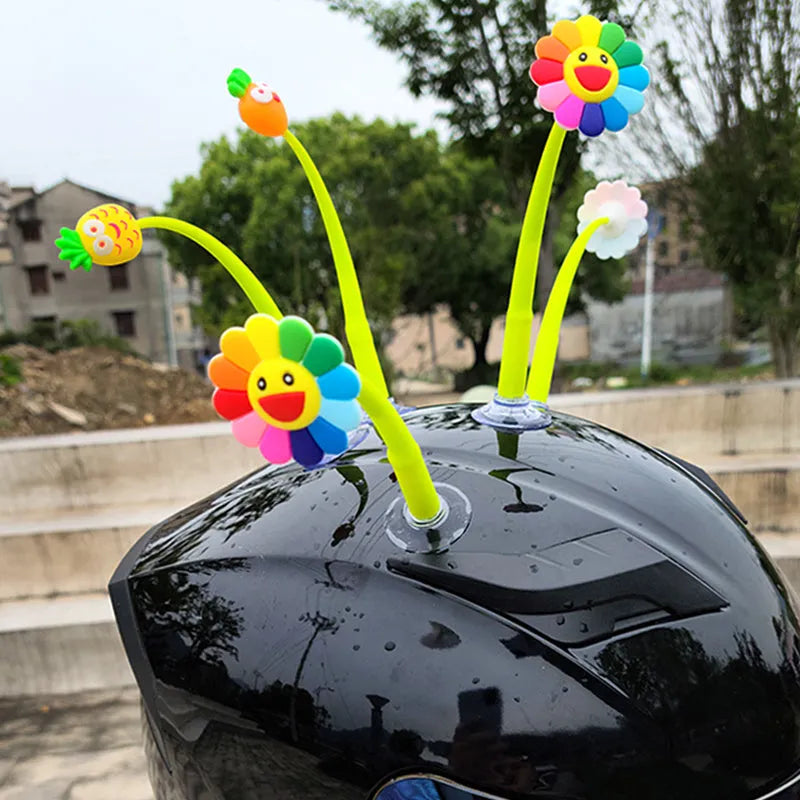 Silicone sunflower helmet decoration with suction cup attachment on motorcycle helmet