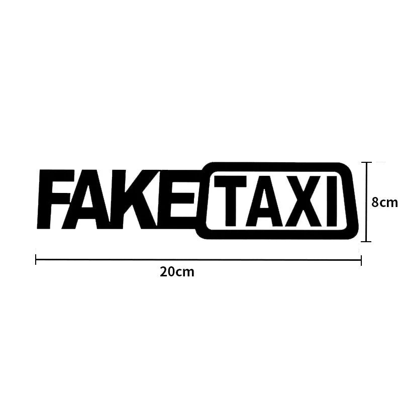 FAKE TAXI car warning sticker in yellow, black, and white colour options, shown at 20cm by 8cm size.