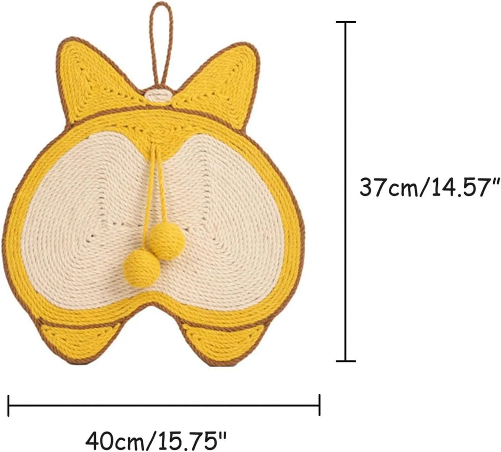 Yellow Corgi butt design sisal cat scratching pad with anti-slip base measuring 37 by 40 centimetres
