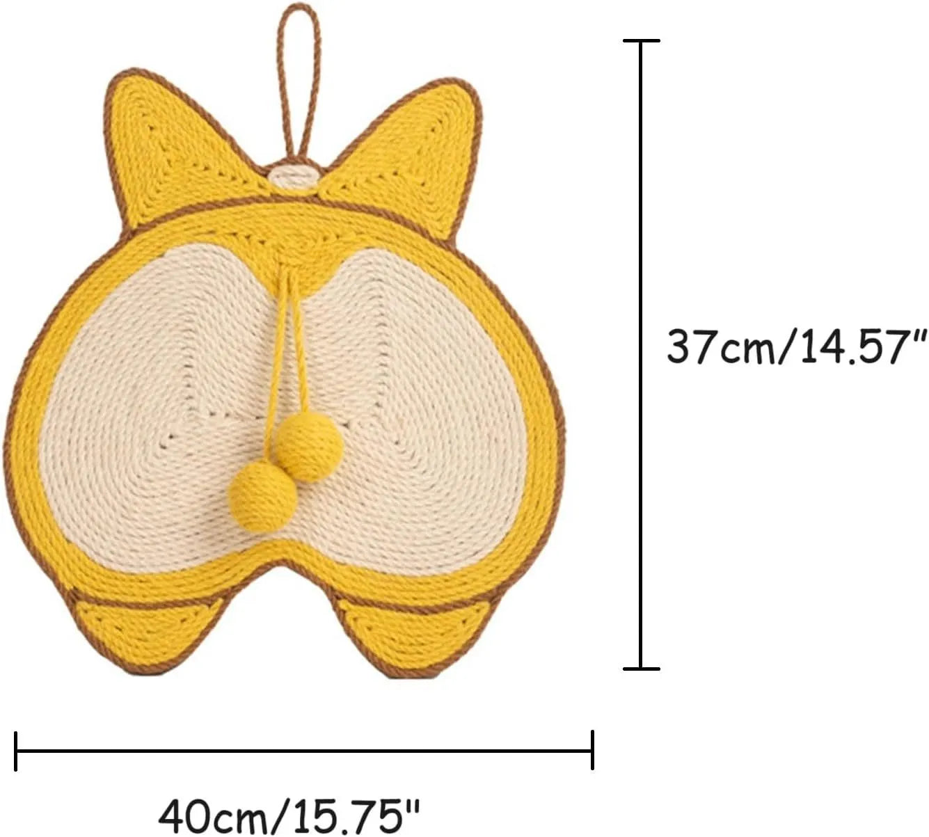 Yellow Corgi butt design sisal cat scratching pad with anti-slip base measuring 37 by 40 centimetres