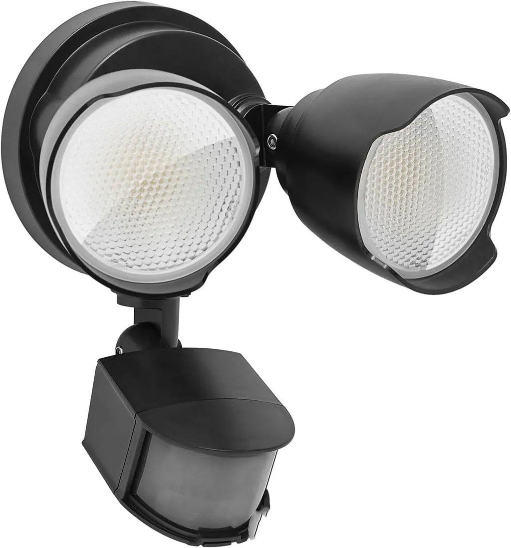 White 120V LED outdoor flood light with motion sensor for courtyard and garage security lighting