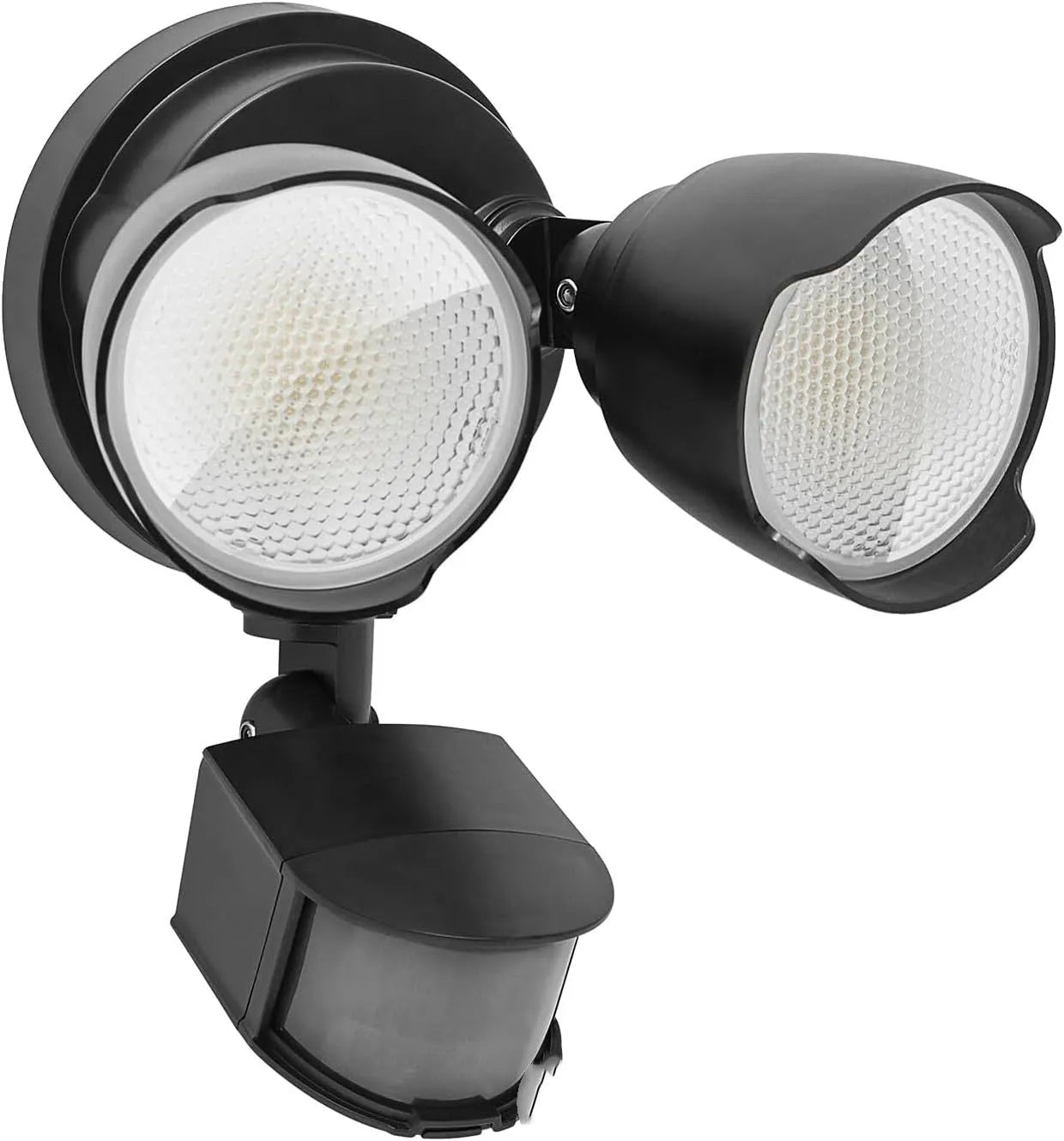 White 120V LED outdoor flood light with motion sensor for courtyard and garage security lighting