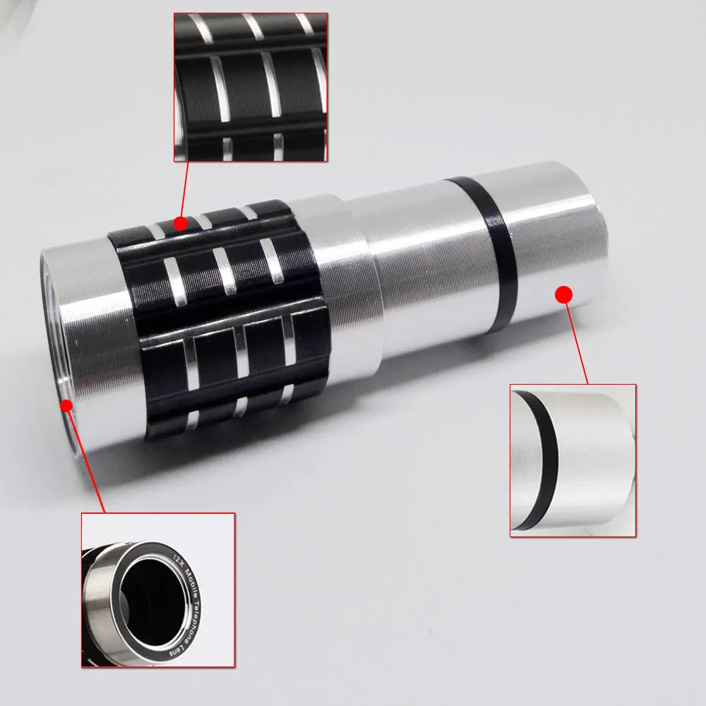 12x telescopic smartphone lens with a universal metal clip attached, shown next to a mobile phone.
