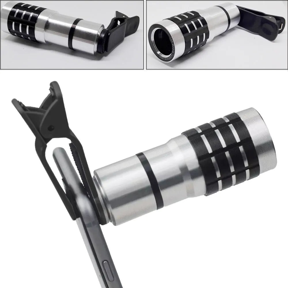 12x telescopic smartphone lens with a universal metal clip attached, shown next to a mobile phone.